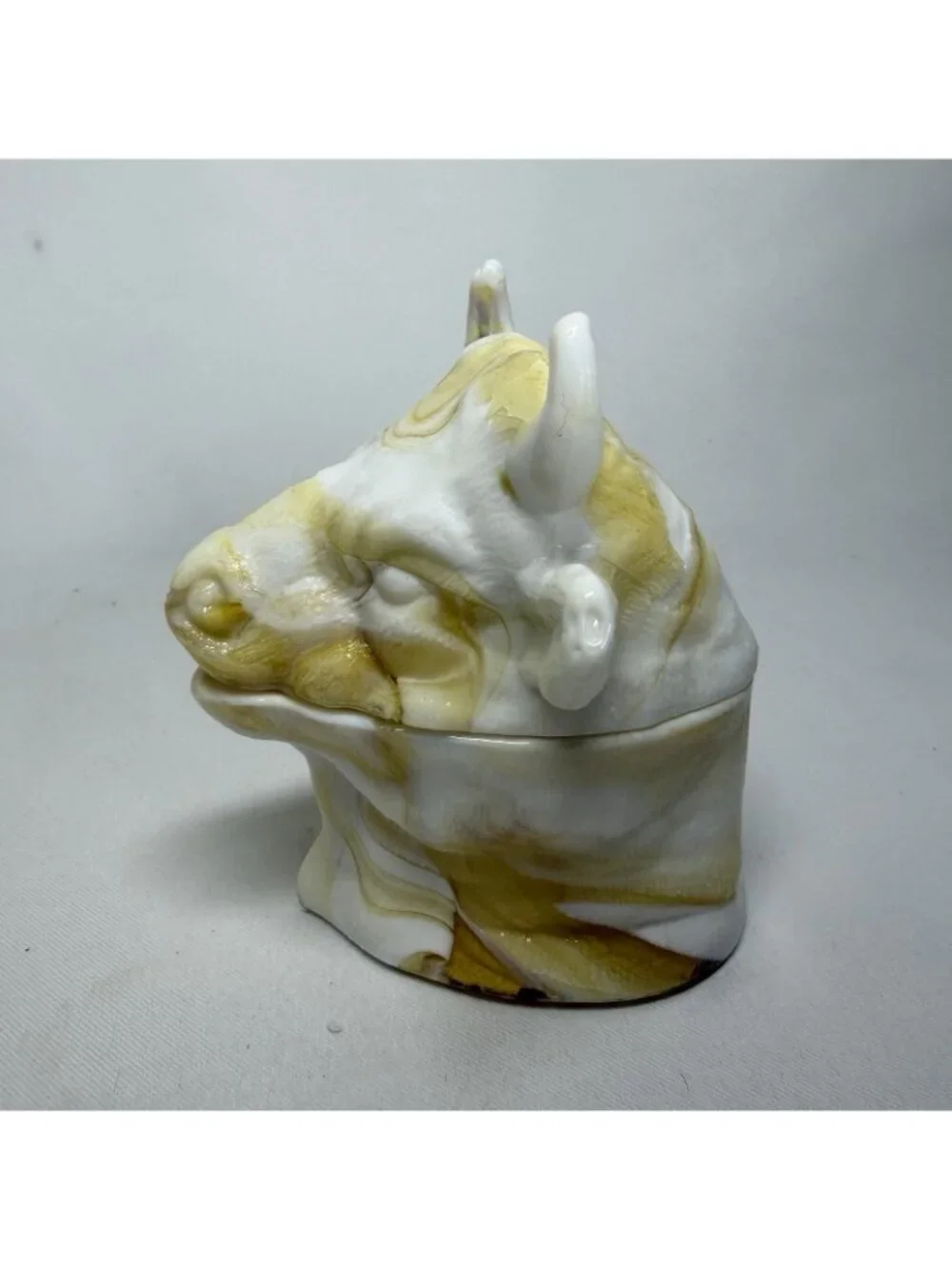 Antique Bull Head Slag Glass Mustard Jar & Bowl Lid Rare Caramel Shards Art READ